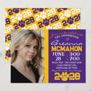 Purple & Gold Pawprint Graduation Photo Invitation