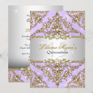 Purple & Gold Pearl Damask Quinceanera Invitation