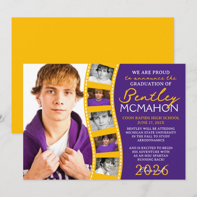 Purple & Gold Photo Filmstrip Grad Faire-part (Devant / Derrière)