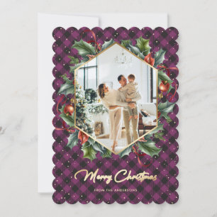 Purple Gold Plaid Holly Photo Joyeuse Carte de Noë