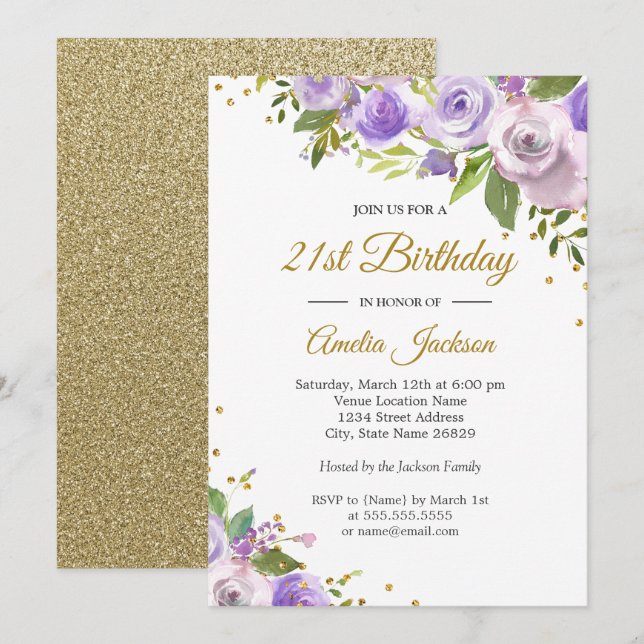 Purple Gold Sparkle Floral 21e Invitation d'annive (Devant / Derrière)