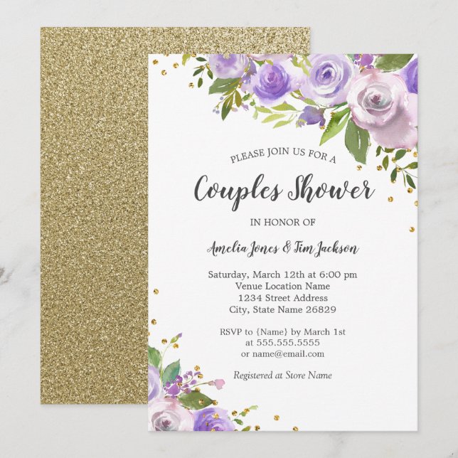 Purple Gold Sparkle Floral Couples Invitation de d (Devant / Derrière)