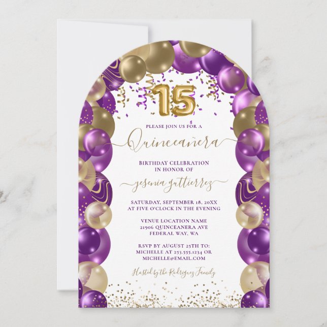Purple Gold Sparkle Quinceañera Balloon Invitation (Devant)