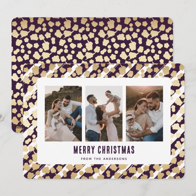 Purple Gold Stars 3 Photo Joyeuse carte de Noël (Devant / Derrière)