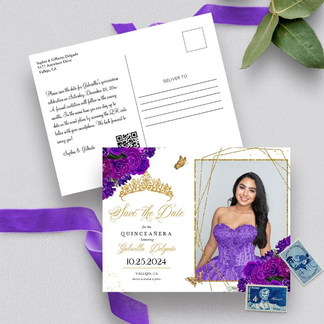 Purple & Gold Tiara Quinceañera Photo Carte postal (Créateur téléchargé)
