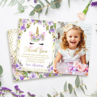 Purple Gold Unicorne Birthday Photo Carte de remer