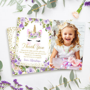 Purple Gold Unicorne Birthday Photo Carte de remer