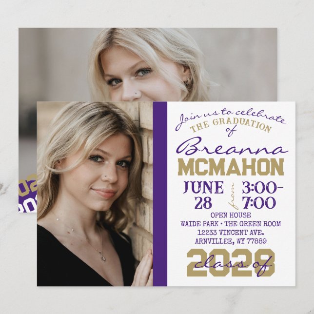 Purple, Gold & White Graduation 2 Photo Invitation (Devant / Derrière)
