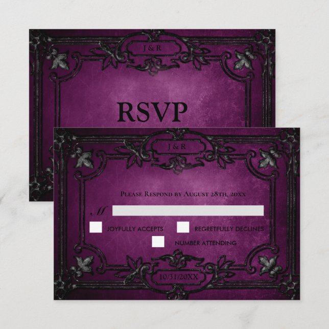 Purple Gothic Halloween Wedding RSVP Card Karte (Vorne/Hinten)