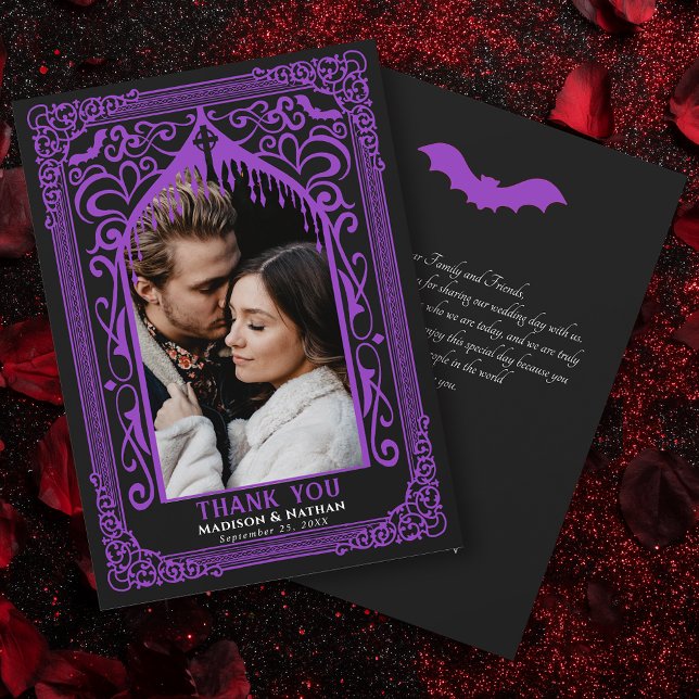 Purple Gothic Vampire Cathedral Photo Wedding Dankeskarte (Von Creator hochgeladen)