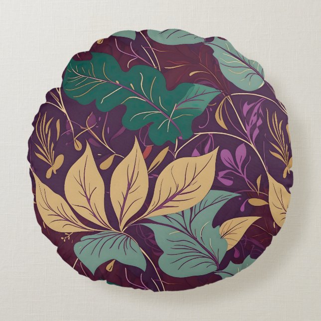 Purple Graceful Modern Leaf Print Rundes Kissen (Vorderseite)