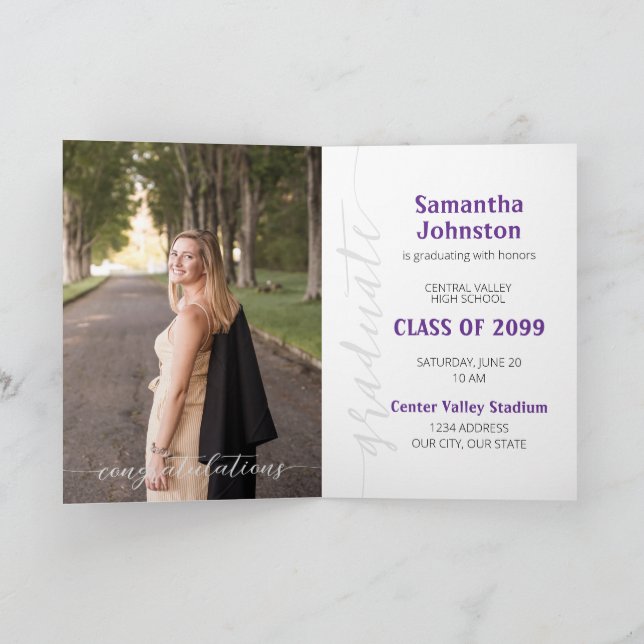 Purple Graduate Script Modern Photo Invitation (Intérieur)