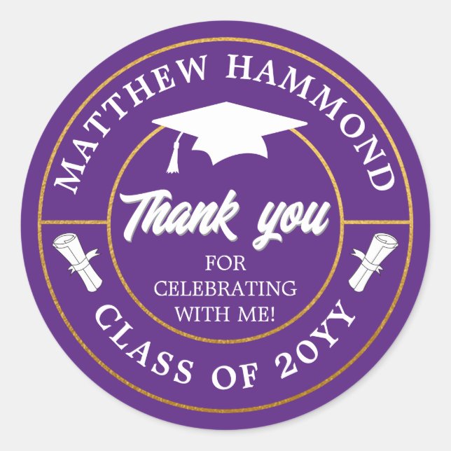 Purple Graduating Class Thank You Grad Cap Runder Aufkleber (Vorderseite)