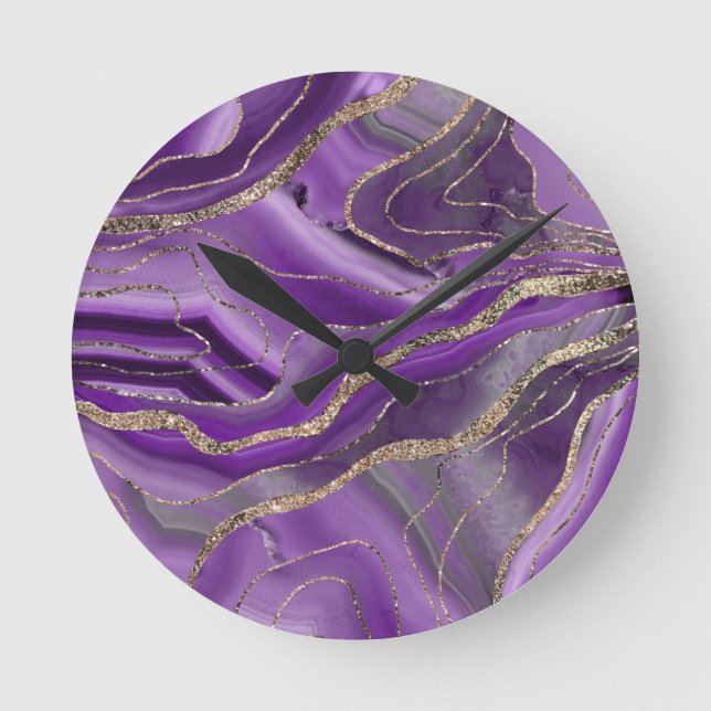 Purple Gray Agate Gold Glitter Glam #1  Runde Wanduhr (Vorderseite)