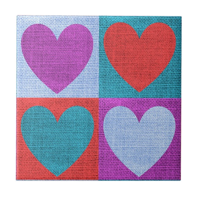 Purple Green and Red Checked Heart Pattern Fliese (Vorderseite)