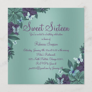 Purple & Green Butterfly Sweet 16 Invitation