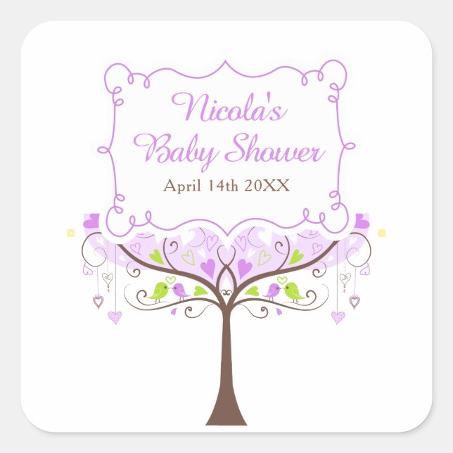 Purple & Green Floral Bird Baby Shower  Quadratischer Aufkleber (Vorderseite)