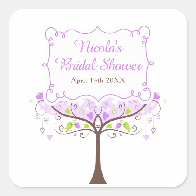 Purple & Green Floral Bird Bridal Shower  Quadratischer Aufkleber (Vorderseite)