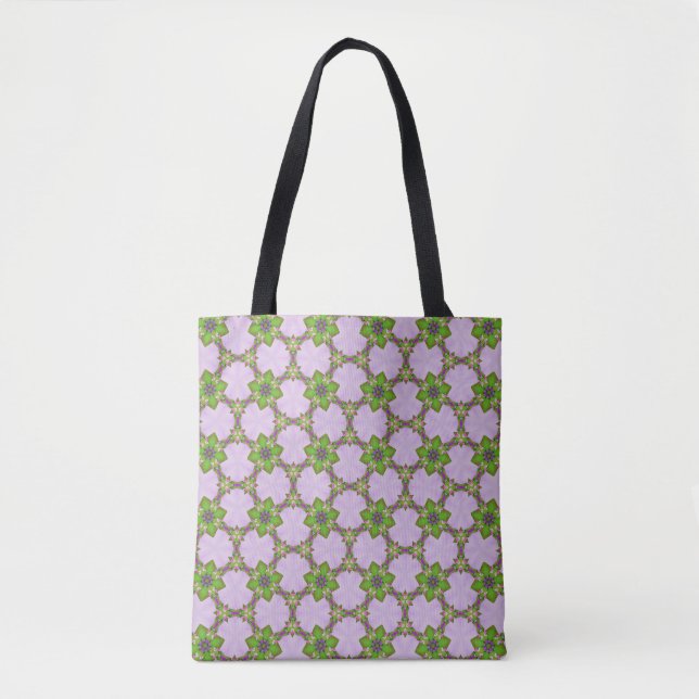 Purple & Green Floral Geometric Pattern Tote Tasche (Vorderseite)