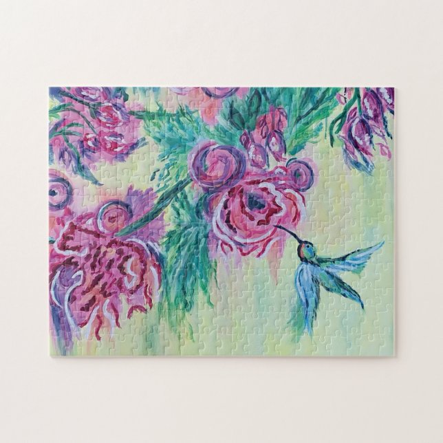 Purple Green Hummingbird Painting (Horizontal)