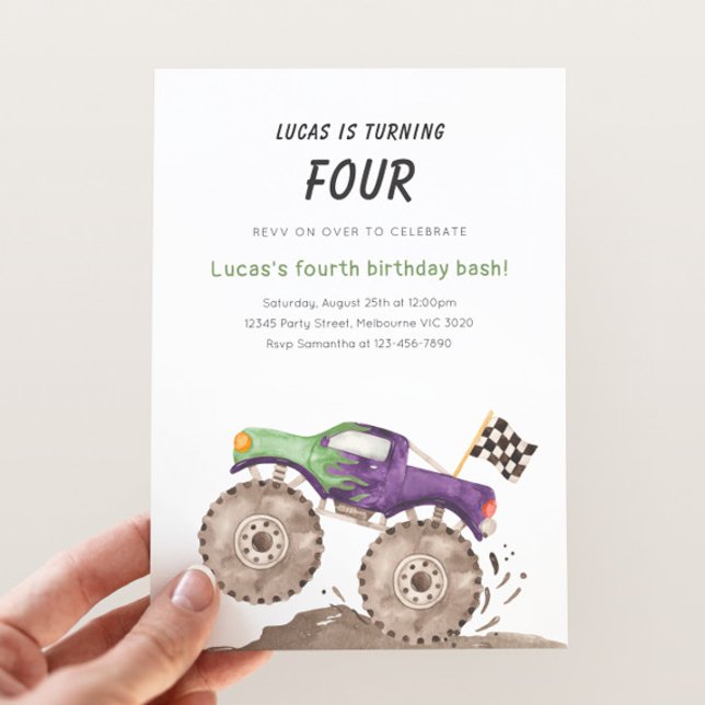 Purple & Green Monster Truck Birthday Any Age Einladung (Von Creator hochgeladen)