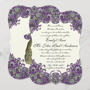 Purple & Green Peacock Ivory Wedding Invitations