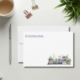 Purple & Green Watercolor Plant and Book Mitteilungskarte