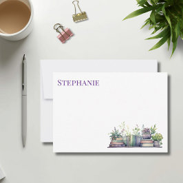 Purple & Green Watercolor Plant and Book Mitteilungskarte
