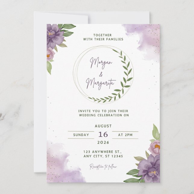 Purple & Green Watercolor Wedding Invitation Einladung (Vorderseite)