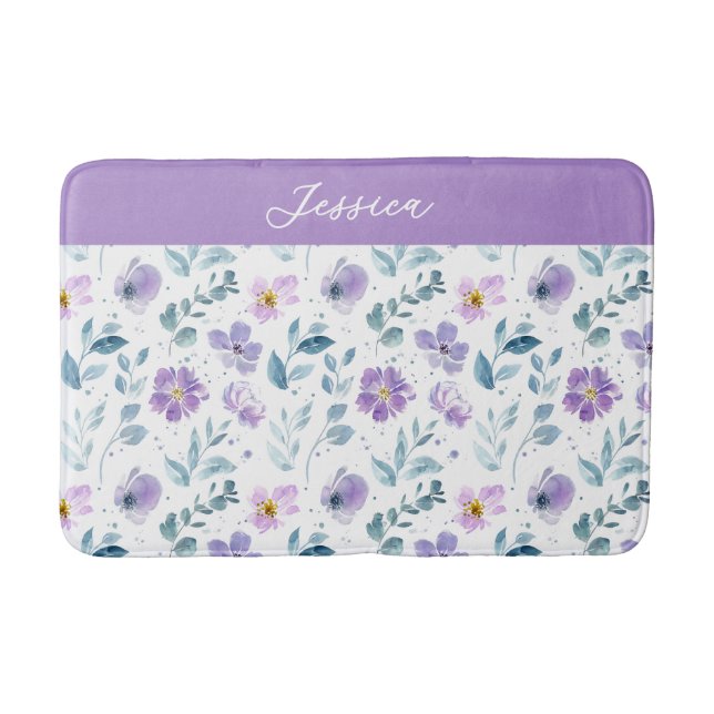 Purple Green Watercolor Wildflower Monogram Name Badematte (Vorderseite)