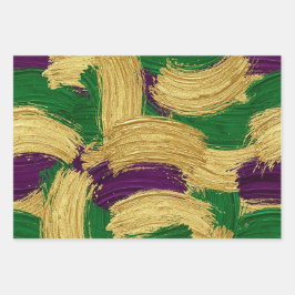 PURPLE GREEN YELLOW MARDI GRAS BRUSH STROKES GESCHENKPAPIER SET