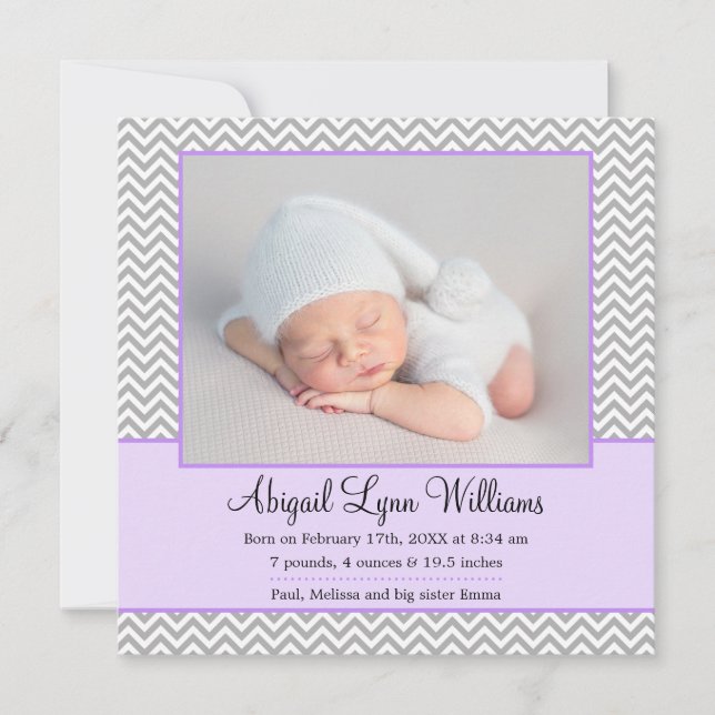 Purple Grey Chevron Girl Photo Faire-part de naiss (Devant)
