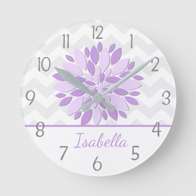 Purple Grey Dahlia Flower Nursery Wall Clock Runde Wanduhr (Vorderseite)
