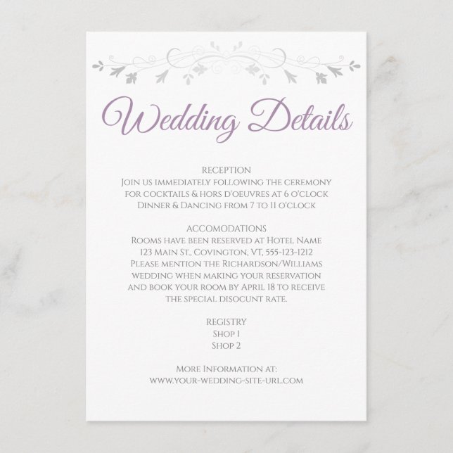 Purple Grey Elegant Wedding Details Carte de boîti (Devant)