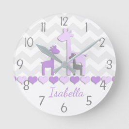 Purple Grey Giraffe Nursery Wall Clock Runde Wanduhr