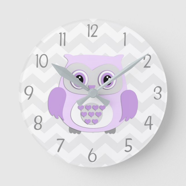 Purple Grey Owl Nursery Wall Clock Runde Wanduhr (Vorderseite)