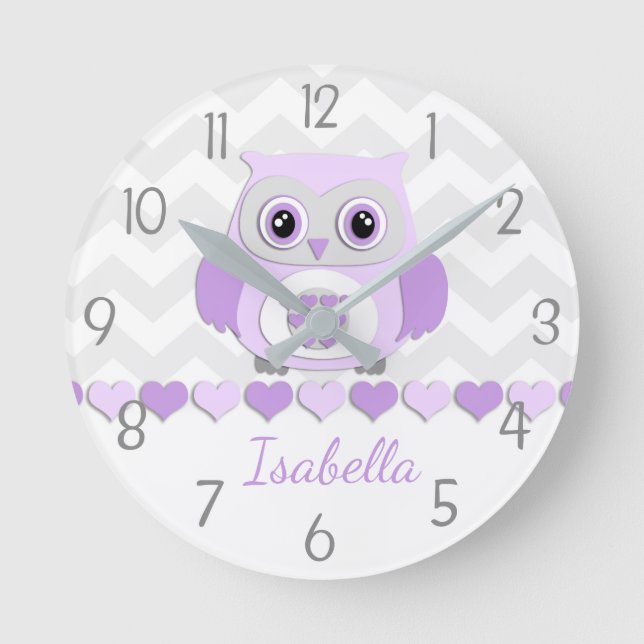 Purple Grey Owl Nursery Wall Clock Runde Wanduhr (Vorderseite)