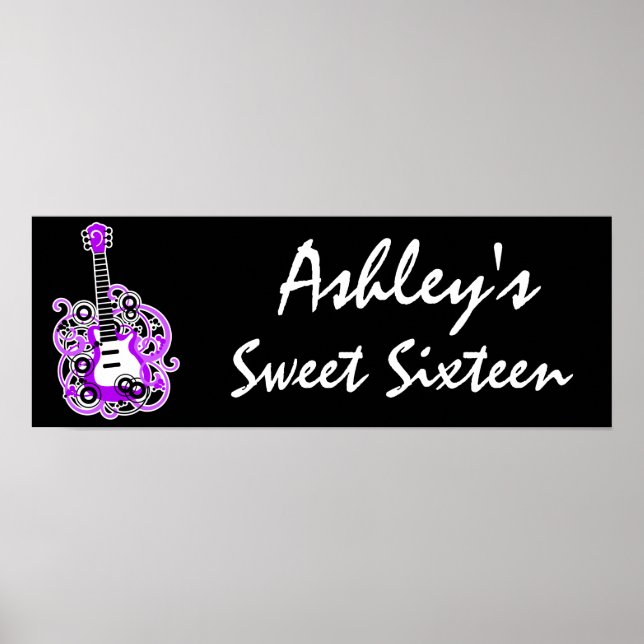 Purple Guitar Rock Star Sweet 16 Banner Poster (Devant)