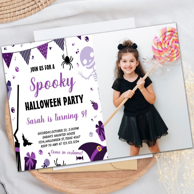 Purple Halloween Invitations d'anniversaire avec p (Purple Halloween Birthday Invitations with photo)