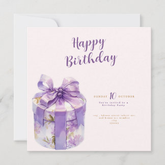 purple Happy birthday Gift box invitation Einladung
