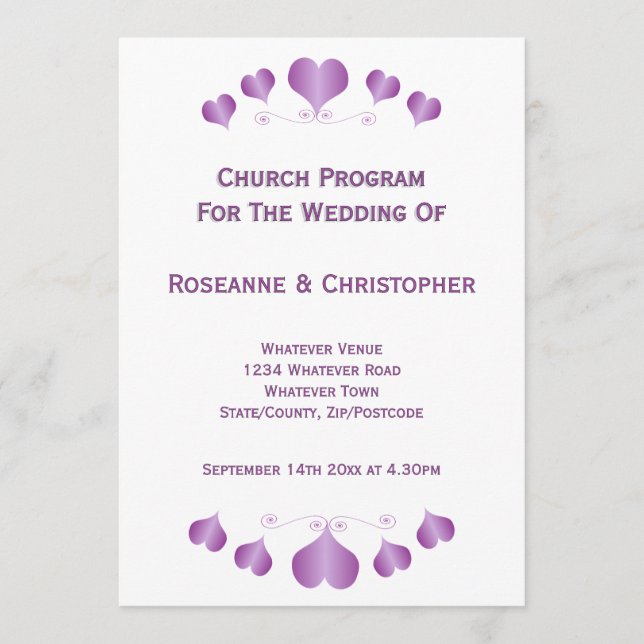 Purple Hearts Design Hochzeit Programm (Vorderseite)