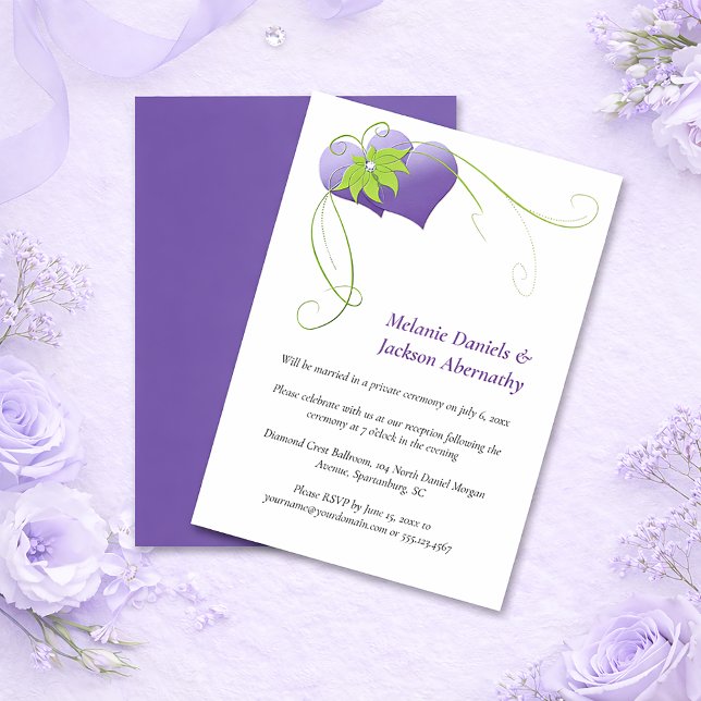 Purple Hearts - Green Floral Swirls Reception Only Einladung (Von Creator hochgeladen)