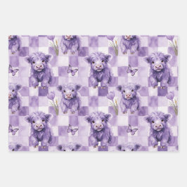 Purple Highland Cow Floral Checkered Geschenkpapier Set