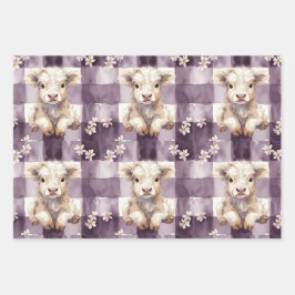 Purple Highland Cow Flowers Gingham Checkered Geschenkpapier Set