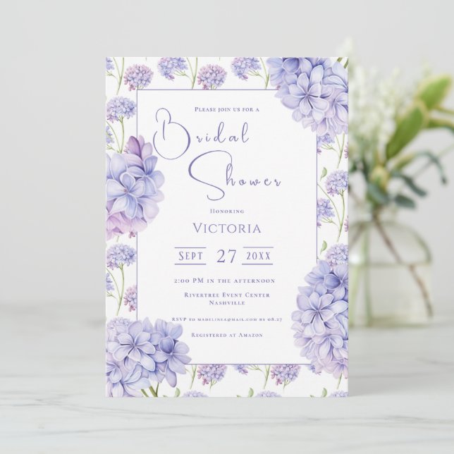 Purple Hydrangea Floral Bridal Shower Invitation Einladung (Stehend Vorderseite)