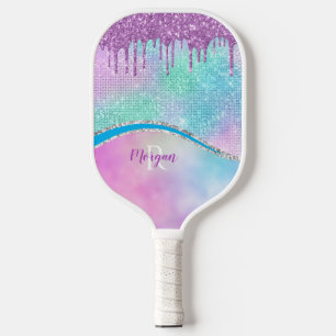 Purple Iridescent & Glitter Drips, Name & Monogram Pickleball Schläger