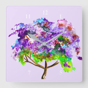 Purple Jacaranda tree watercolor fine art Quadratische Wanduhr