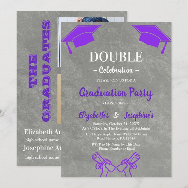 Purple joint Celebration Graduation Party 2 photos Einladung (Vorne/Hinten)
