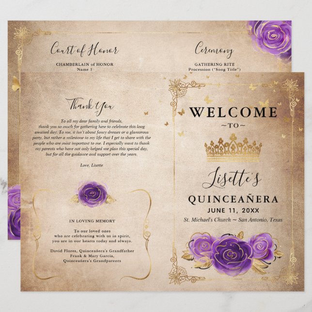 Purple Lavande et Roses d'or Programme Quinceanera (Devant / Derrière)