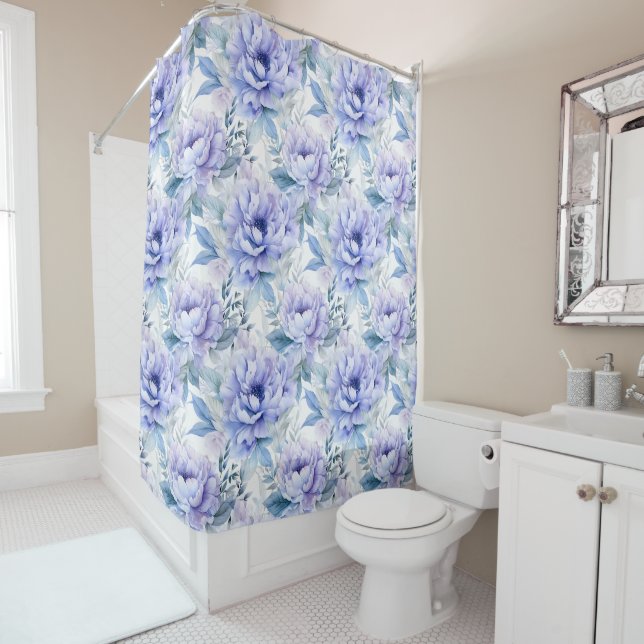 Purple, Lavande, Peine Bleue Douche Florale Rideau (En situation)